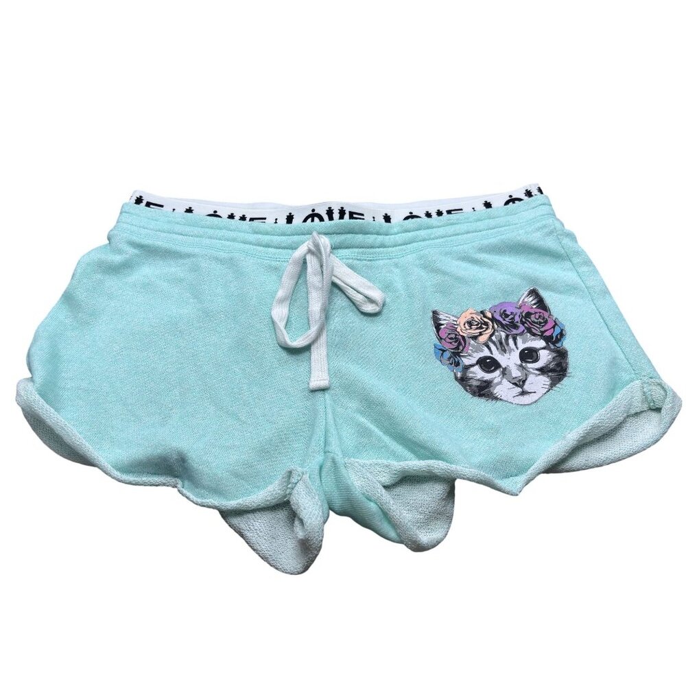 No Boundaries Womens Mist Mint Cat Print Shorts L